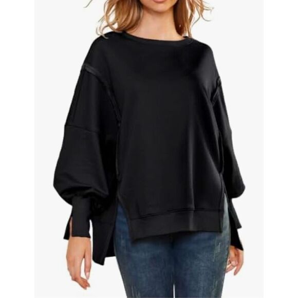 AUTOMET Womens Oversized Sweatshirts Casual Crew Neck Pullover Long‎ Sleeve Slit - Picture 1 of 9